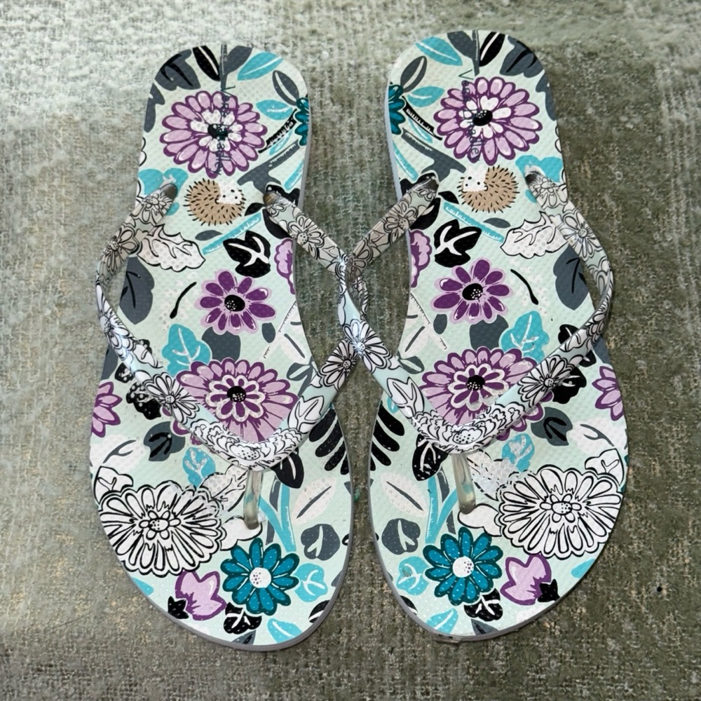 Vera Bradley Floral Women's Flip Flops Teal Purple Black White Size 9
